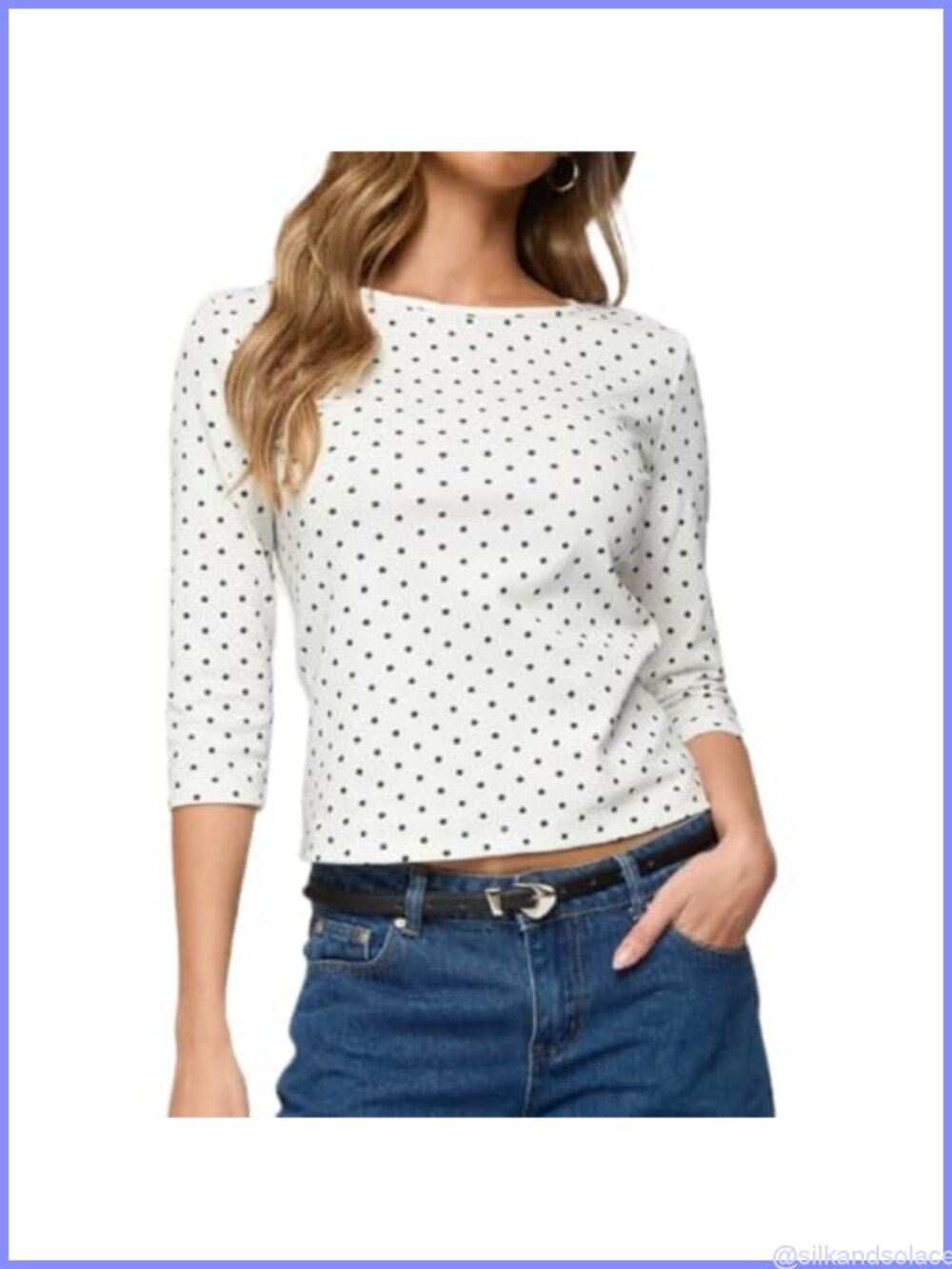 Women Polka Dot 3/4 Sleeve Crop Top Y2k Boat Neck Fitted Tee
